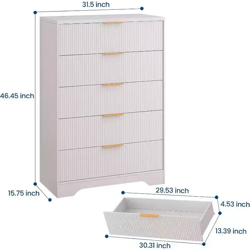 Cassettiera a 5 cassetti scanalata alta 119 cm con maniglie dorate, mobile contenitore con finitura color legno per armadio e ingresso, organizer multiuso