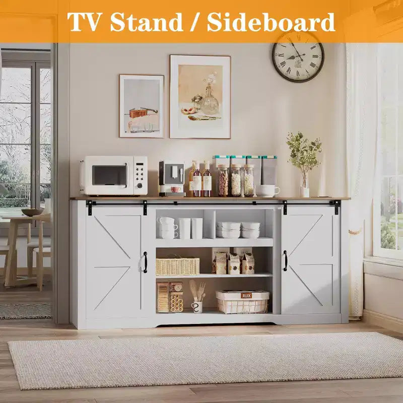Mobili porta TV da masseria da 70 pollici per TV da 80 pollici, mobile TV rustico in legno con ripiani regolabili e porta scorrevole "a granaio", tavolo console TV con contenitore a vista