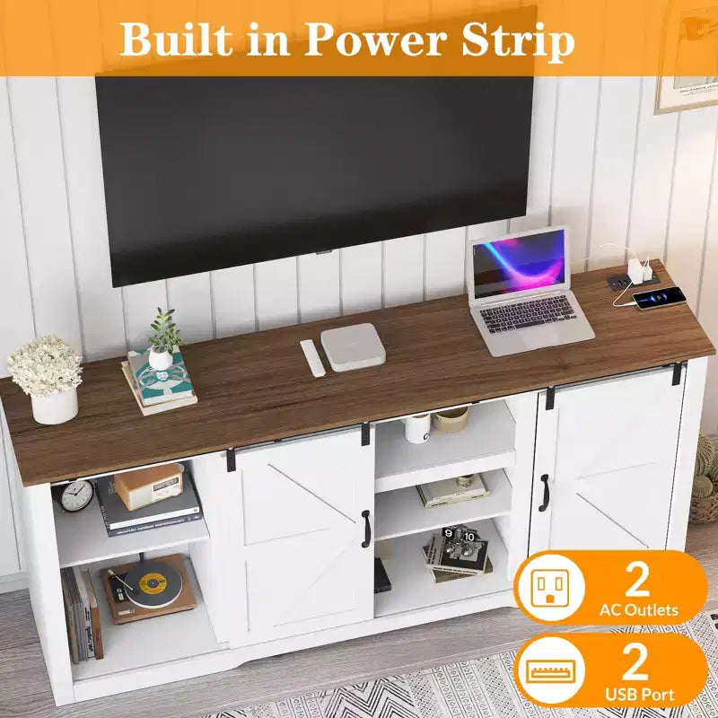 Mobili porta TV da masseria da 70 pollici per TV da 80 pollici, mobile TV rustico in legno con ripiani regolabili e porta scorrevole "a granaio", tavolo console TV con contenitore a vista