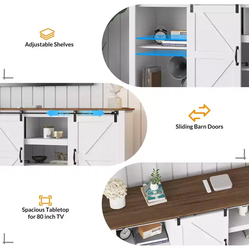 Mobili porta TV da masseria da 70 pollici per TV da 80 pollici, mobile TV rustico in legno con ripiani regolabili e porta scorrevole "a granaio", tavolo console TV con contenitore a vista