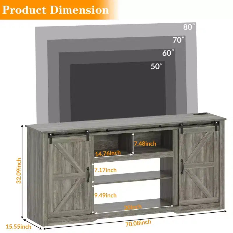 Mobili porta TV da masseria da 70 pollici per TV da 80 pollici, mobile TV rustico in legno con ripiani regolabili e porta scorrevole "a granaio", tavolo console TV con contenitore a vista