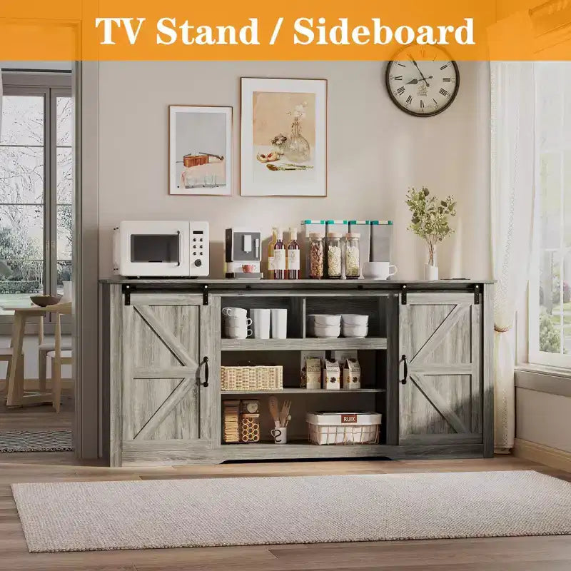 Mobili porta TV da masseria da 70 pollici per TV da 80 pollici, mobile TV rustico in legno con ripiani regolabili e porta scorrevole "a granaio", tavolo console TV con contenitore a vista