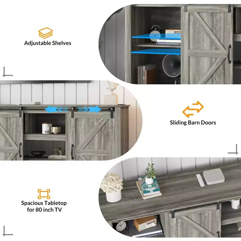 Mobili porta TV da masseria da 70 pollici per TV da 80 pollici, mobile TV rustico in legno con ripiani regolabili e porta scorrevole "a granaio", tavolo console TV con contenitore a vista