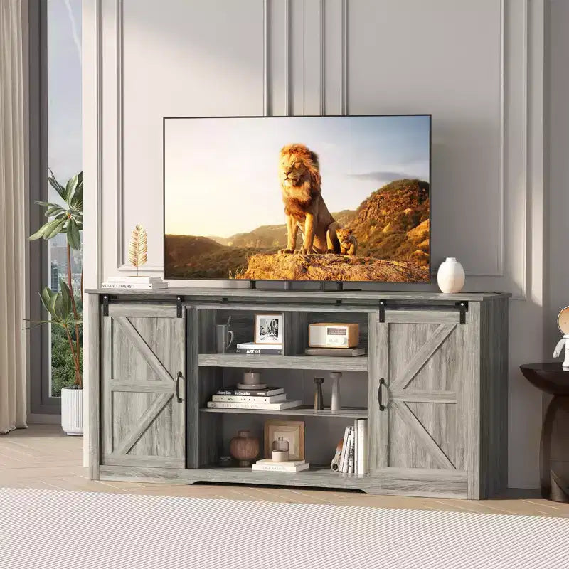 Mobili porta TV da masseria da 70 pollici per TV da 80 pollici, mobile TV rustico in legno con ripiani regolabili e porta scorrevole "a granaio", tavolo console TV con contenitore a vista