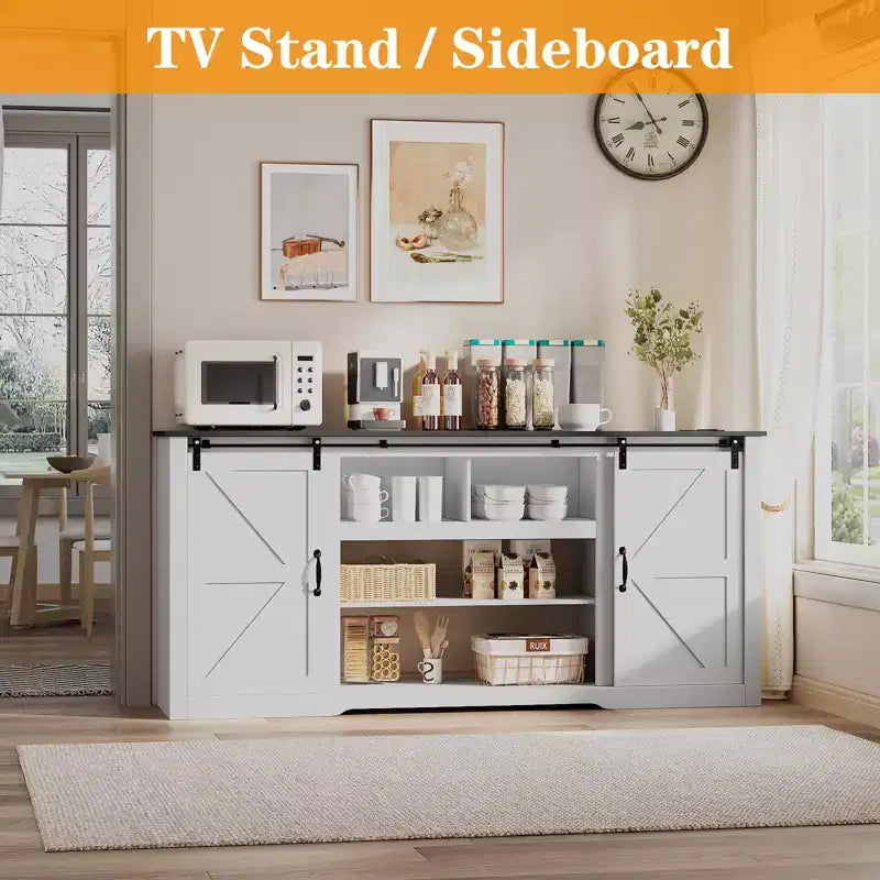 Mobili porta TV da masseria da 70 pollici per TV da 80 pollici, mobile TV rustico in legno con ripiani regolabili e porta scorrevole "a granaio", tavolo console TV con contenitore a vista