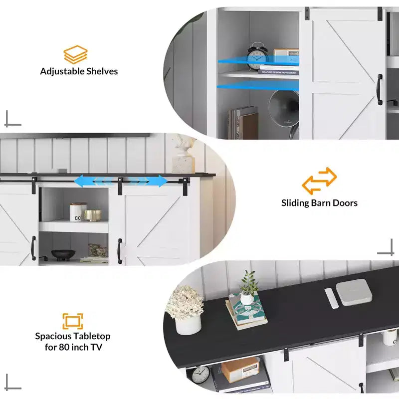 Mobili porta TV da masseria da 70 pollici per TV da 80 pollici, mobile TV rustico in legno con ripiani regolabili e porta scorrevole "a granaio", tavolo console TV con contenitore a vista