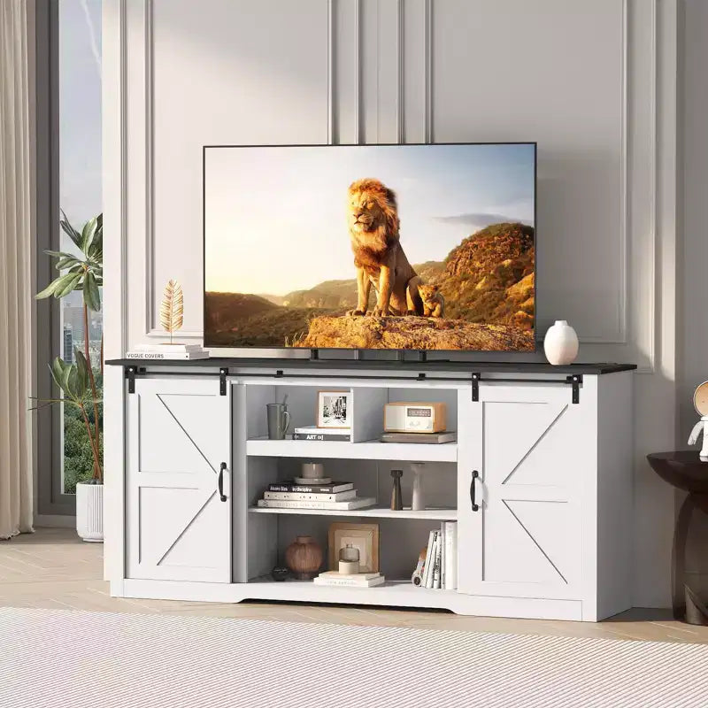 Mobili porta TV da masseria da 70 pollici per TV da 80 pollici, mobile TV rustico in legno con ripiani regolabili e porta scorrevole "a granaio", tavolo console TV con contenitore a vista