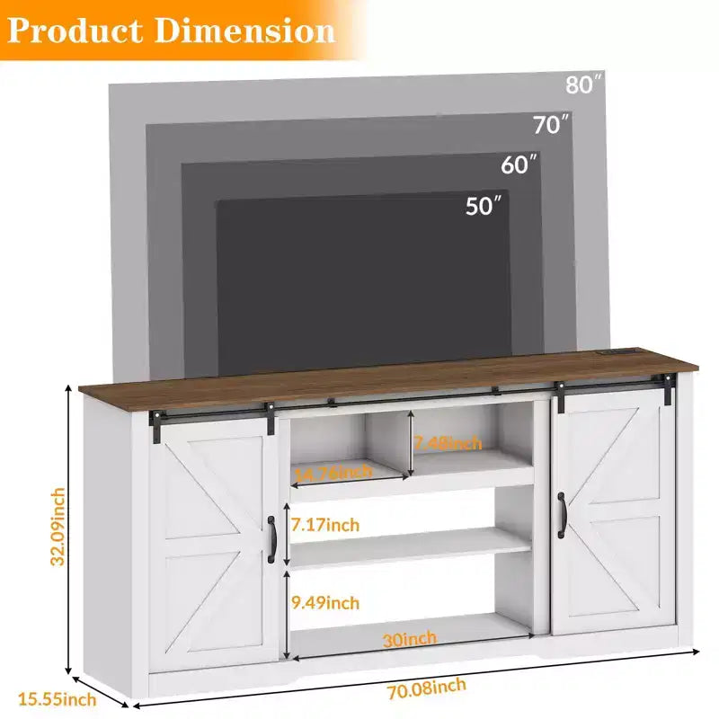 Mobili porta TV da masseria da 70 pollici per TV da 80 pollici, mobile TV rustico in legno con ripiani regolabili e porta scorrevole "a granaio", tavolo console TV con contenitore a vista