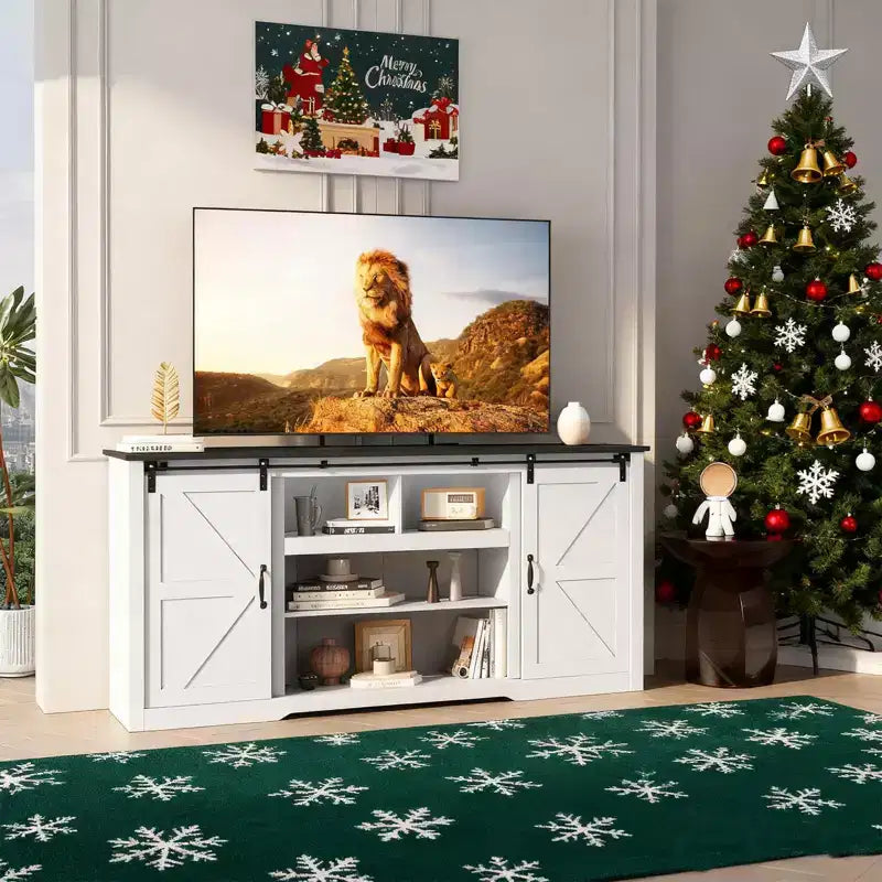 70 Farmhouse TV Stands for 80 TVs, Rustic Wooden Entertainment Center with Adjustable Shelves & Sliding Barn Door,TV Console Table with Open Storage