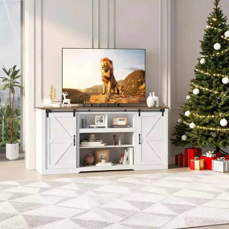 Mobili porta TV da masseria da 70 pollici per TV da 80 pollici, mobile TV rustico in legno con ripiani regolabili e porta scorrevole "a granaio", tavolo console TV con contenitore a vista