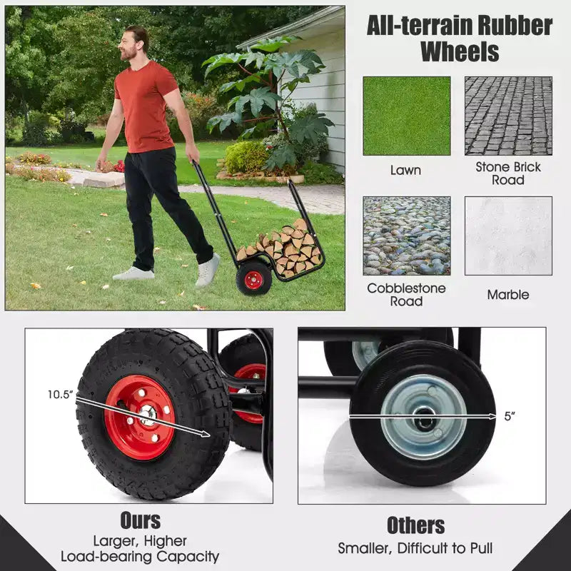 Carrello porta legna da ardere Costway, carrello per legna da ardere con ruote in gomma resistenti all'usura e agli urti