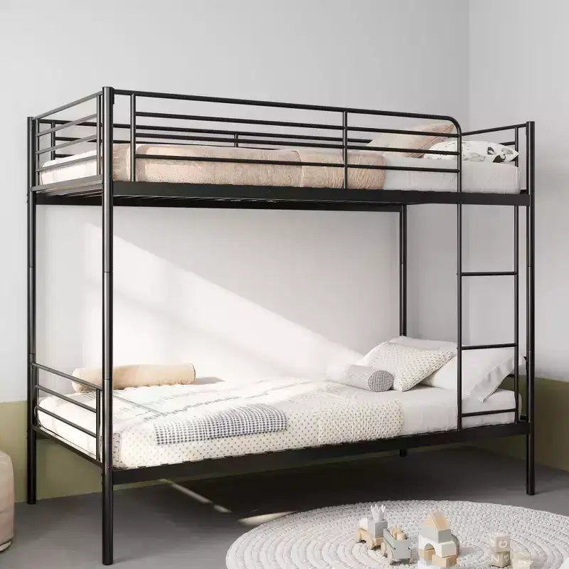 Letto a castello in metallo resistente Okak Twin Size con scalette e sponda alta, struttura letto contemporanea per camera da letto, appartamenti