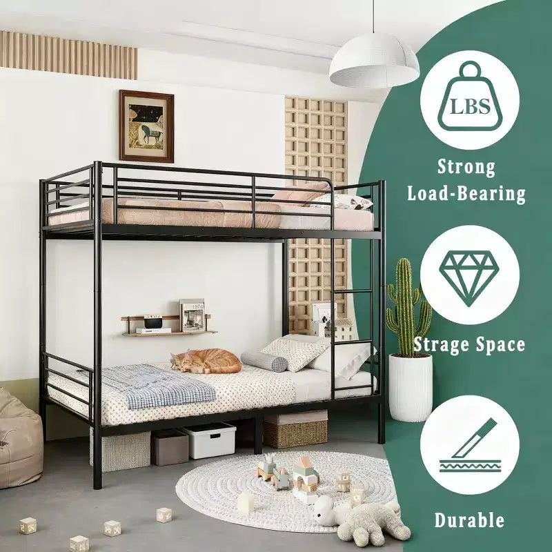 Letto a castello in metallo resistente Okak Twin Size con scalette e sponda alta, struttura letto contemporanea per camera da letto, appartamenti
