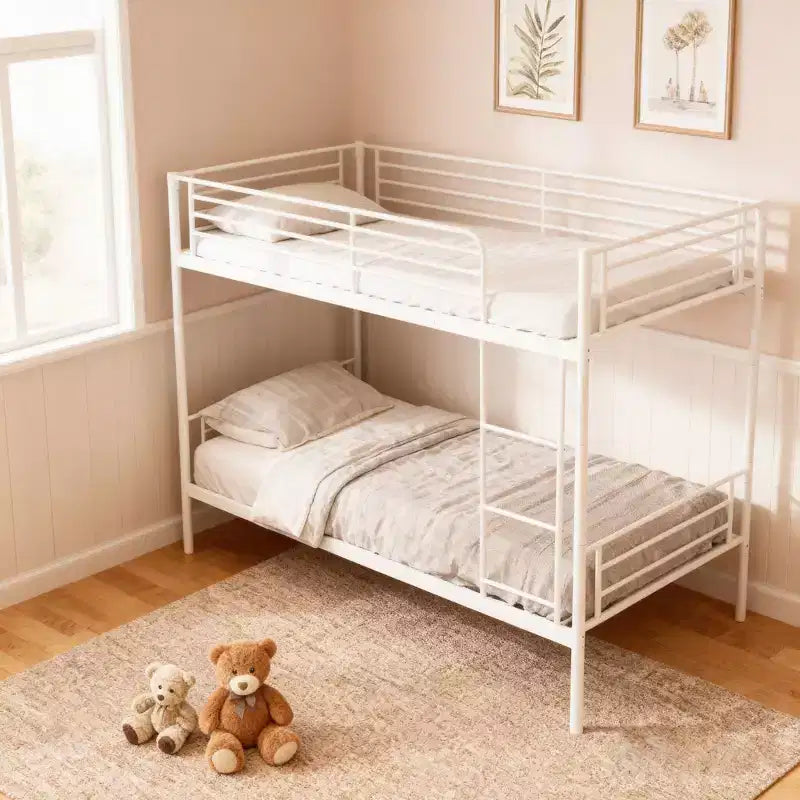 Letto a castello in metallo resistente Okak Twin Size con scalette e sponda alta, struttura letto contemporanea per camera da letto, appartamenti
