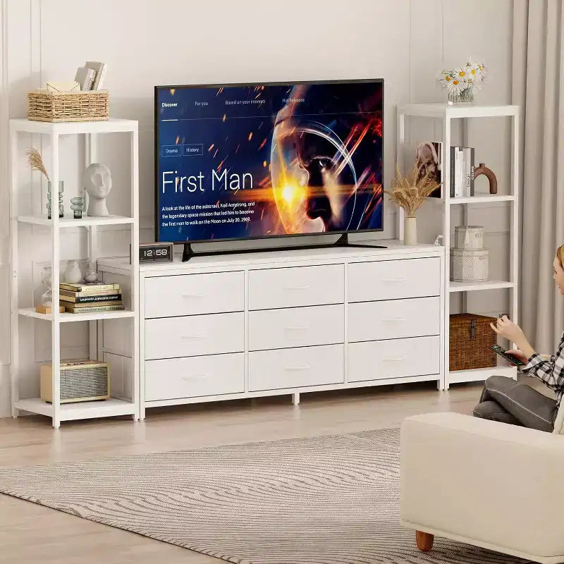 Mobile TV a cassettiera con 9 cassetti in tessuto, grande centro di intrattenimento con 2 scaffali industriali a 4 livelli, mobile console TV moderno per soggiorno