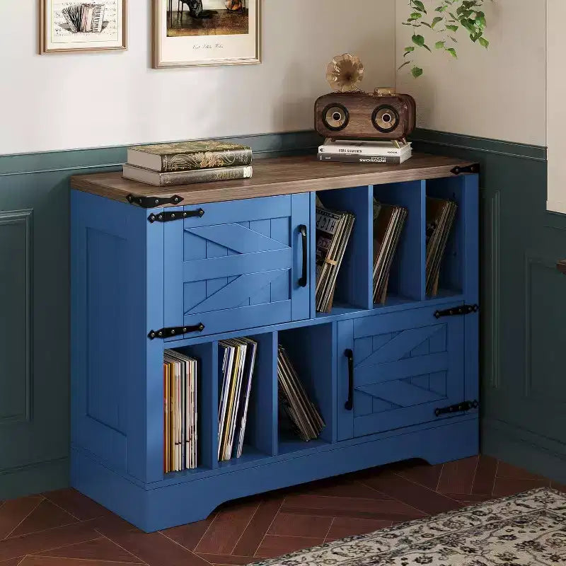 COZONY 39 Mobiletto Porta Dischi in Vinile, Mobile per Giradischi in Legno Stile Rustico con 2 Ante Scorrevole, Ampio Tavolo Porta Giradischi per Soggiorno Camera da Letto