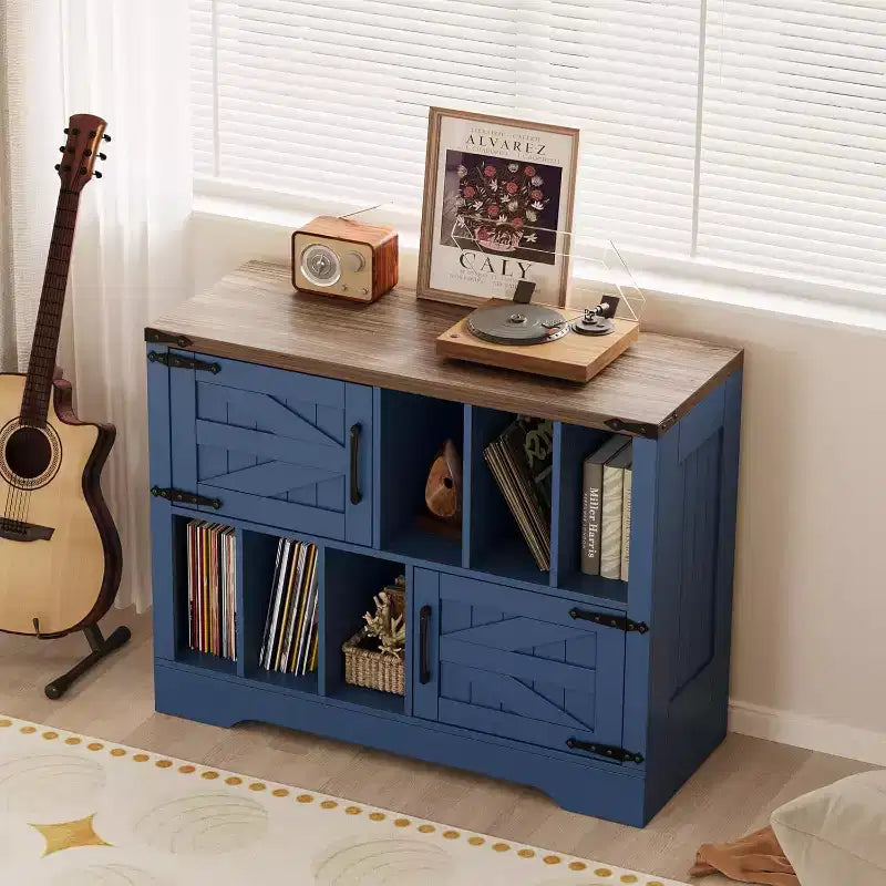 COZONY 39 Mobiletto Porta Dischi in Vinile, Mobile per Giradischi in Legno Stile Rustico con 2 Ante Scorrevole, Ampio Tavolo Porta Giradischi per Soggiorno Camera da Letto