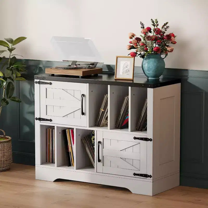 COZONY 39 Mobiletto Porta Dischi in Vinile, Mobile per Giradischi in Legno Stile Rustico con 2 Ante Scorrevole, Ampio Tavolo Porta Giradischi per Soggiorno Camera da Letto