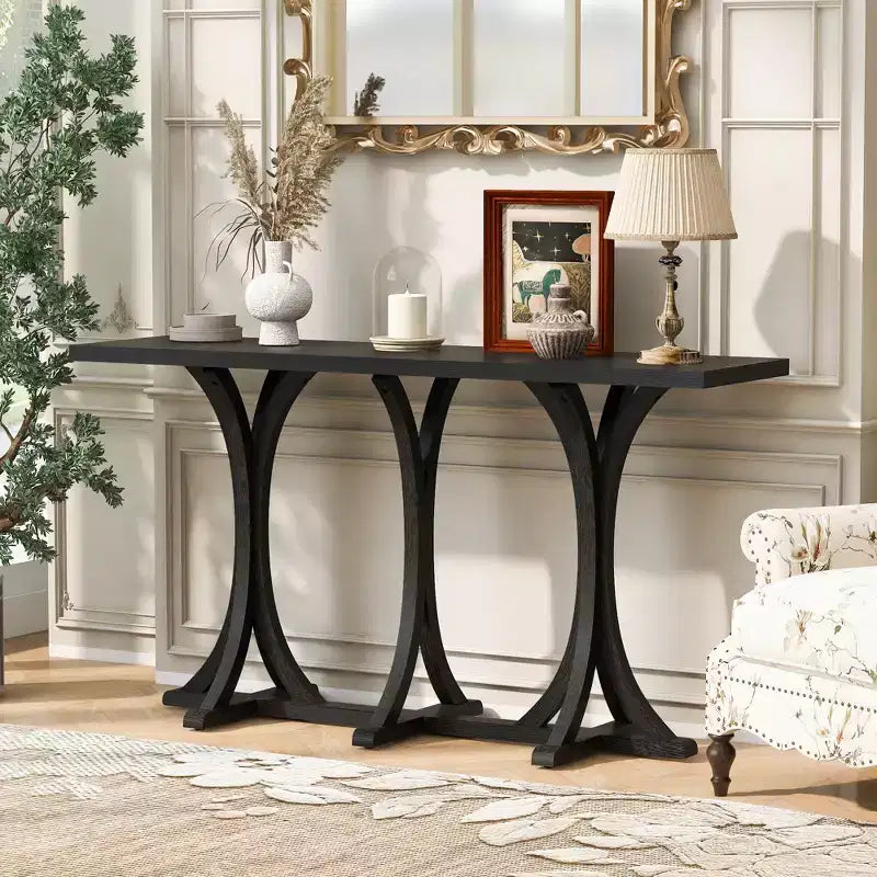 JVNOXK59.8'' Tavolo Console in Legno con Piano in Rovere, Tavolo da Ingresso Stile Rustico con Gambe Sottili Curve in Legno di Gomma, Nero