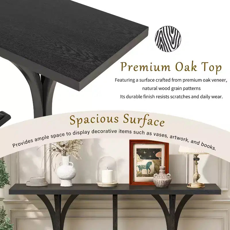 JVNOXK59.8'' Tavolo Console in Legno con Piano in Rovere, Tavolo da Ingresso Stile Rustico con Gambe Sottili Curve in Legno di Gomma, Nero
