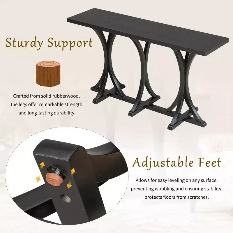 JVNOXK59.8'' Tavolo Console in Legno con Piano in Rovere, Tavolo da Ingresso Stile Rustico con Gambe Sottili Curve in Legno di Gomma, Nero