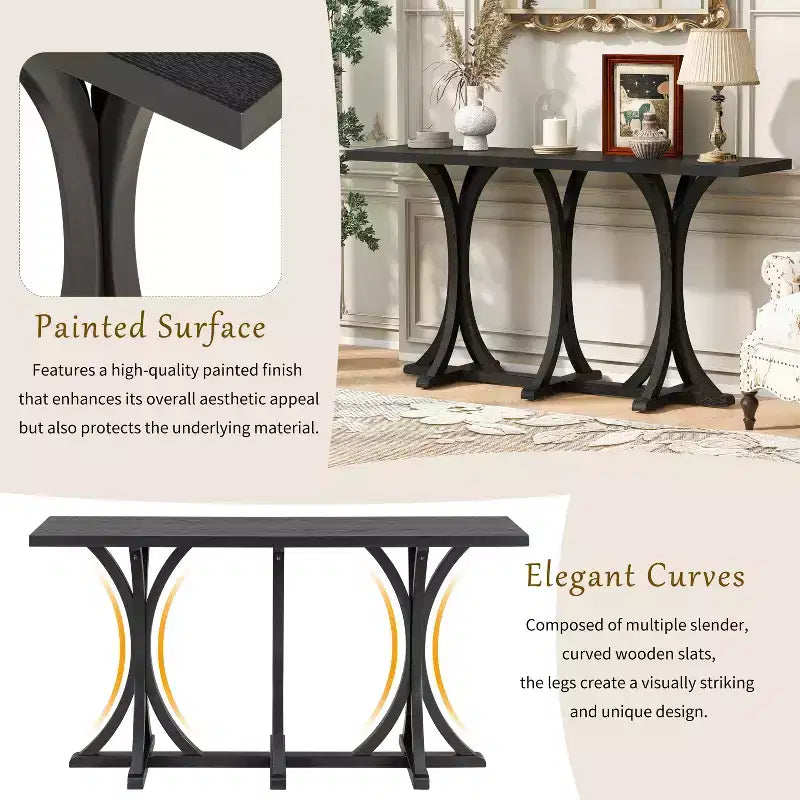 JVNOXK59.8'' Tavolo Console in Legno con Piano in Rovere, Tavolo da Ingresso Stile Rustico con Gambe Sottili Curve in Legno di Gomma, Nero