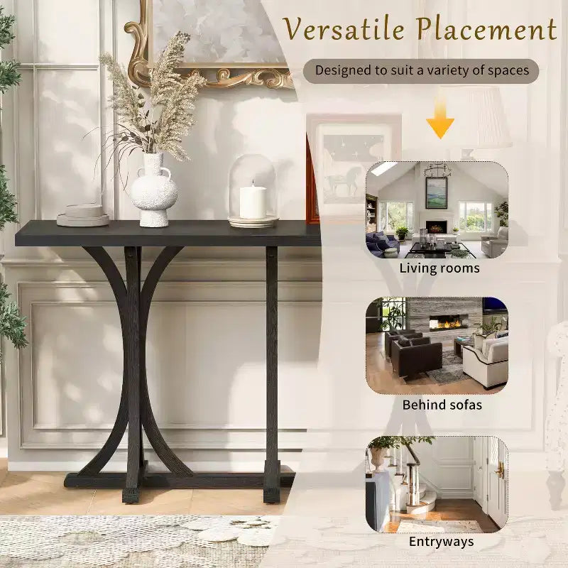 JVNOXK59.8'' Tavolo Console in Legno con Piano in Rovere, Tavolo da Ingresso Stile Rustico con Gambe Sottili Curve in Legno di Gomma, Nero
