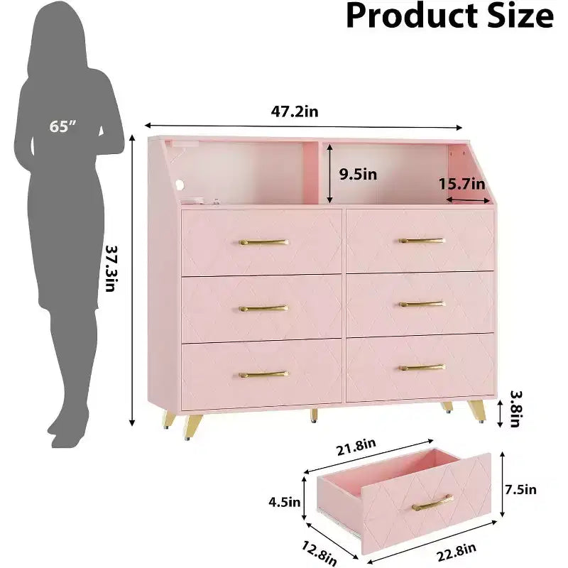 Acekool Comò a 6 cassetti con stazione di ricarica, frontale geometrico e gambe dorate, armadietto moderno per camera da letto, soggiorno, ingresso