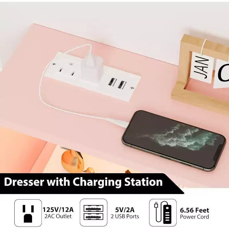 Acekool Comò a 6 cassetti con stazione di ricarica, frontale geometrico e gambe dorate, armadietto moderno per camera da letto, soggiorno, ingresso