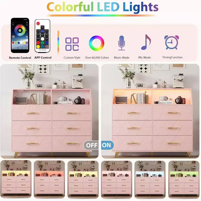 Acekool Comò a 6 cassetti con stazione di ricarica, frontale geometrico e gambe dorate, armadietto moderno per camera da letto, soggiorno, ingresso