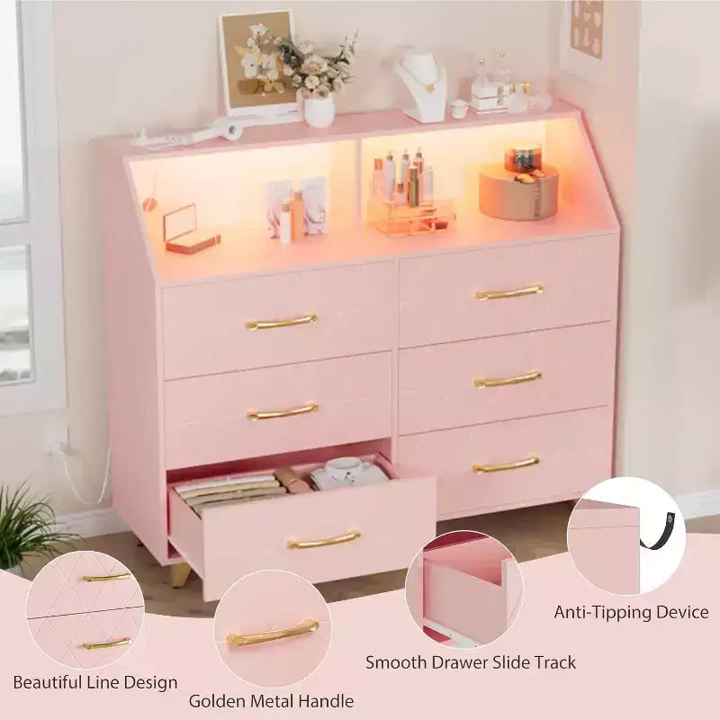 Acekool Comò a 6 cassetti con stazione di ricarica, frontale geometrico e gambe dorate, armadietto moderno per camera da letto, soggiorno, ingresso