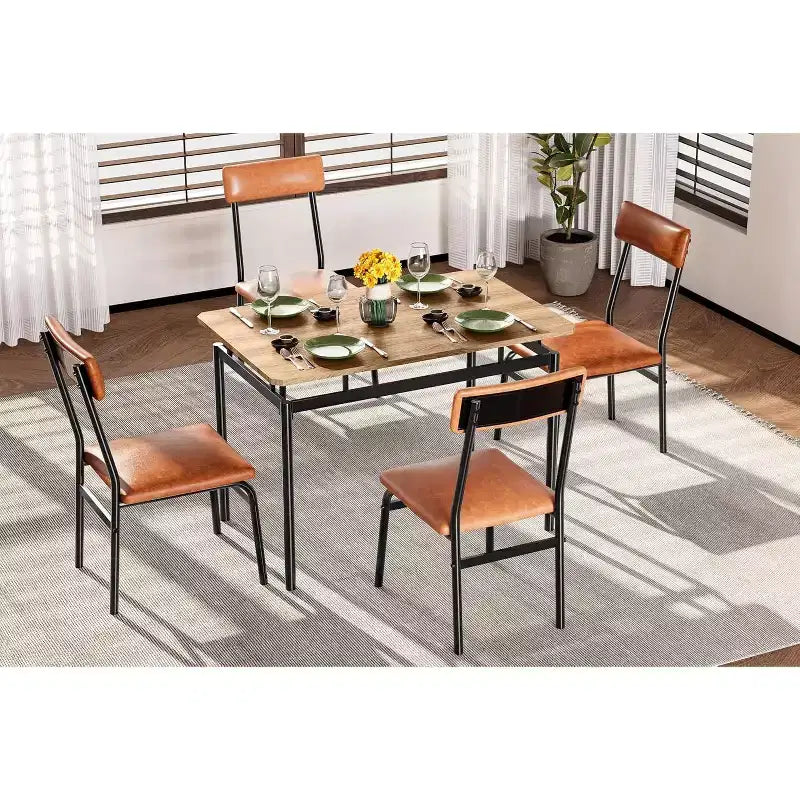 Set da Tavolo da Pranzo da 5 Pezzi, Set da Tavolo da Cucina in Legno con 4 Sedie Imbottite in PU, Set Dinette con Struttura in Metallo Industriale