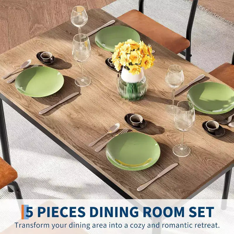 Set da Tavolo da Pranzo da 5 Pezzi, Set da Tavolo da Cucina in Legno con 4 Sedie Imbottite in PU, Set Dinette con Struttura in Metallo Industriale