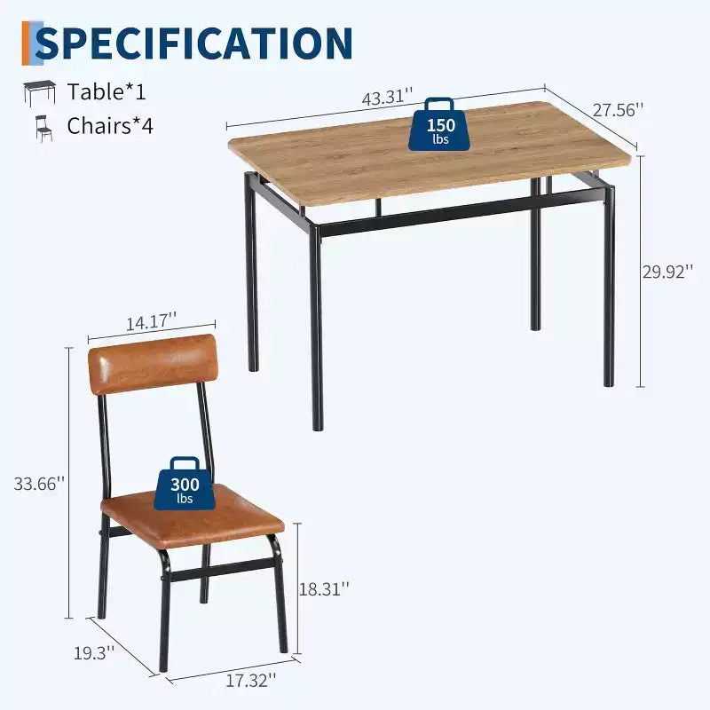 Set da Tavolo da Pranzo da 5 Pezzi, Set da Tavolo da Cucina in Legno con 4 Sedie Imbottite in PU, Set Dinette con Struttura in Metallo Industriale