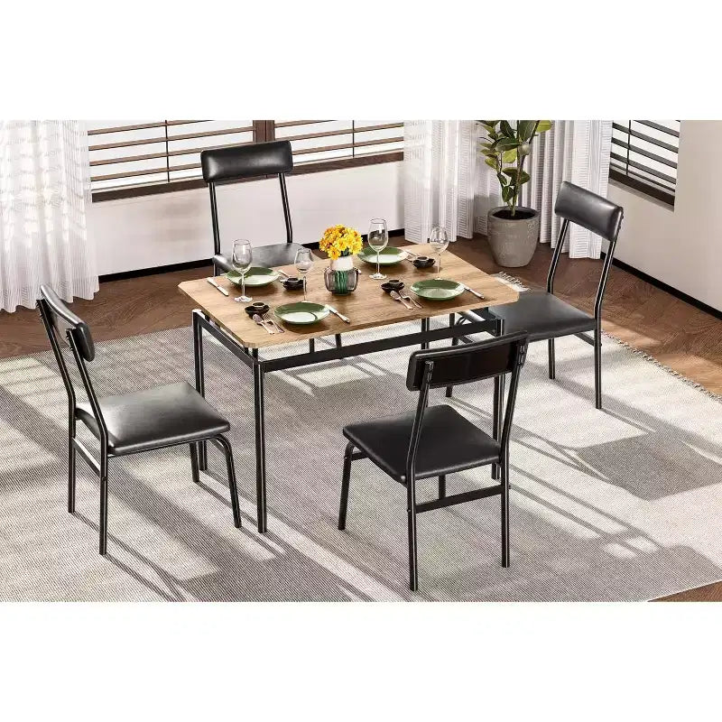Set da Tavolo da Pranzo da 5 Pezzi, Set da Tavolo da Cucina in Legno con 4 Sedie Imbottite in PU, Set Dinette con Struttura in Metallo Industriale