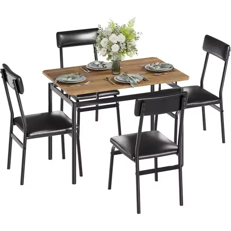 Set da Tavolo da Pranzo da 5 Pezzi, Set da Tavolo da Cucina in Legno con 4 Sedie Imbottite in PU, Set Dinette con Struttura in Metallo Industriale