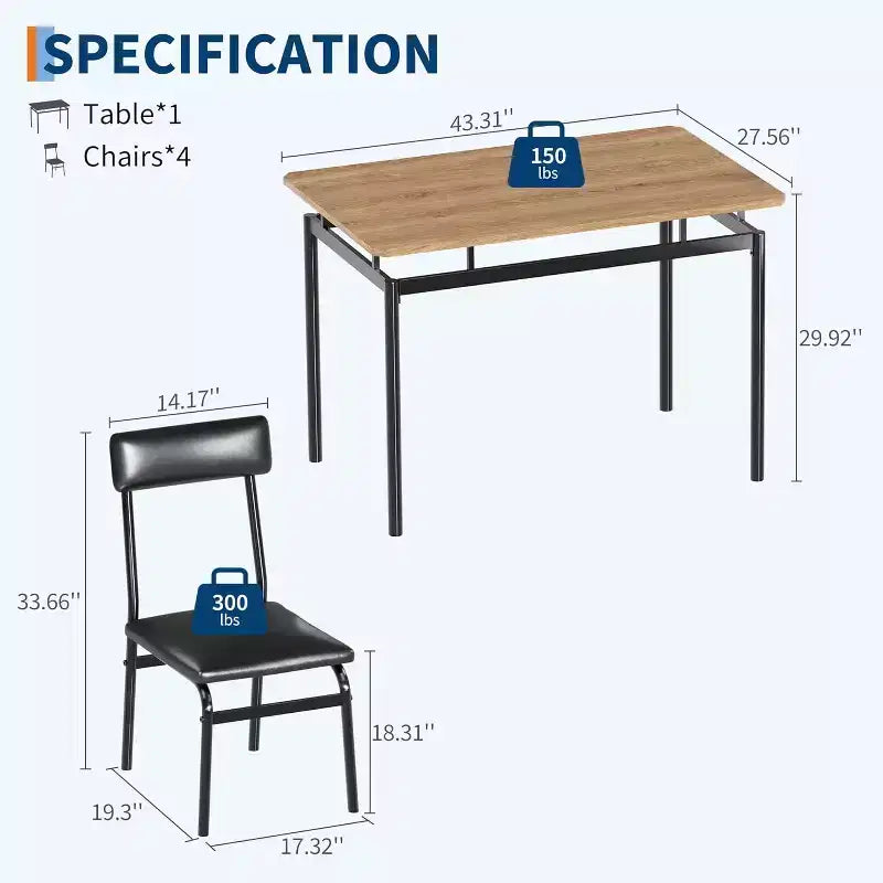 Set da Tavolo da Pranzo da 5 Pezzi, Set da Tavolo da Cucina in Legno con 4 Sedie Imbottite in PU, Set Dinette con Struttura in Metallo Industriale