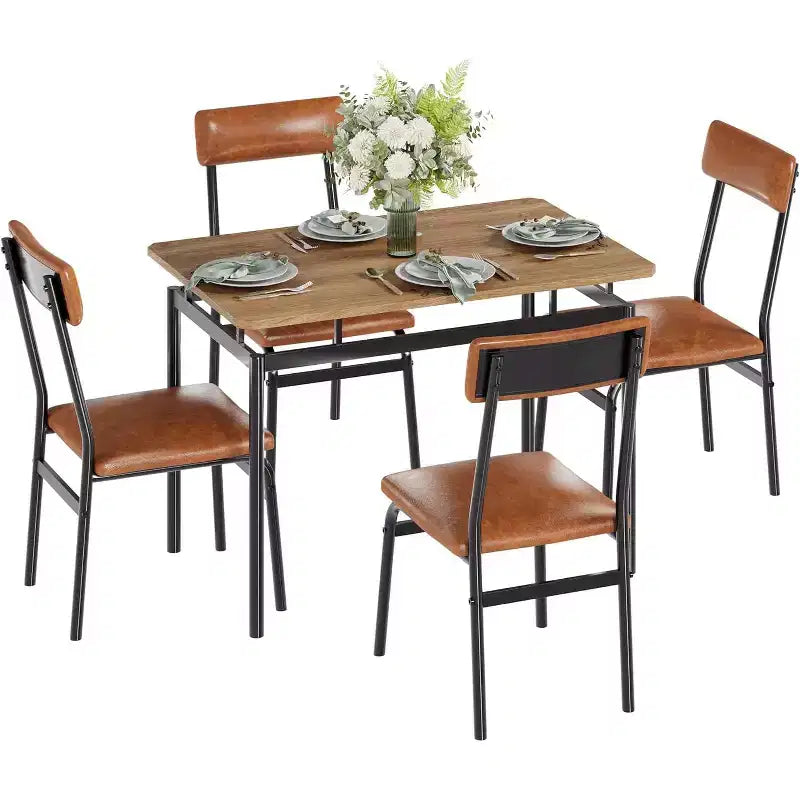 Set da Tavolo da Pranzo da 5 Pezzi, Set da Tavolo da Cucina in Legno con 4 Sedie Imbottite in PU, Set Dinette con Struttura in Metallo Industriale