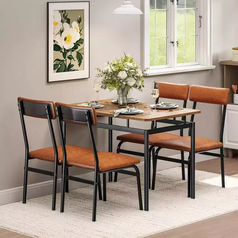 Set da Tavolo da Pranzo da 5 Pezzi, Set da Tavolo da Cucina in Legno con 4 Sedie Imbottite in PU, Set Dinette con Struttura in Metallo Industriale