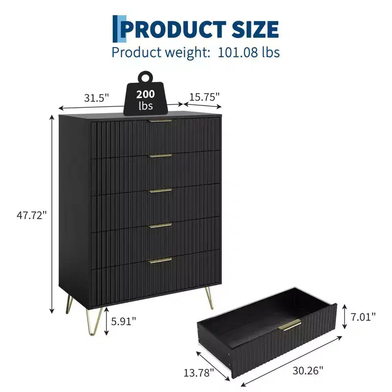 Comò moderno a 5 cassetti, altezza 121 cm, rovere naturale, maniglie oro, portata superiore 90 kg, antiribaltamento, impermeabile, contenitore di design per camera da letto/corridoio