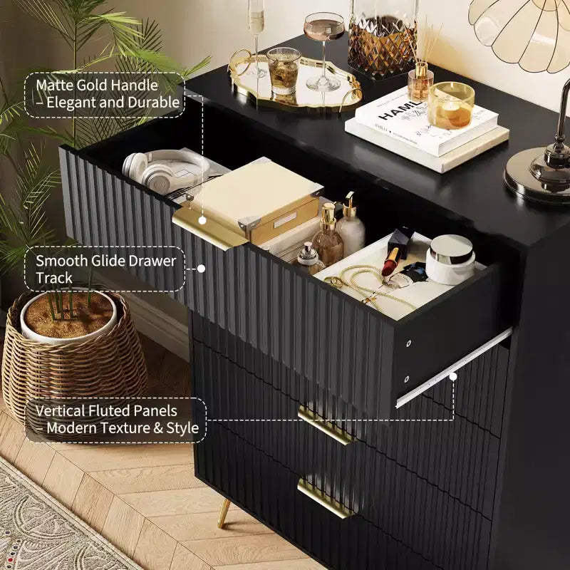 Comò moderno a 5 cassetti, altezza 121 cm, rovere naturale, maniglie oro, portata superiore 90 kg, antiribaltamento, impermeabile, contenitore di design per camera da letto/corridoio