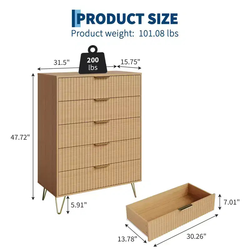 Comò moderno a 5 cassetti, altezza 121 cm, rovere naturale, maniglie oro, portata superiore 90 kg, antiribaltamento, impermeabile, contenitore di design per camera da letto/corridoio