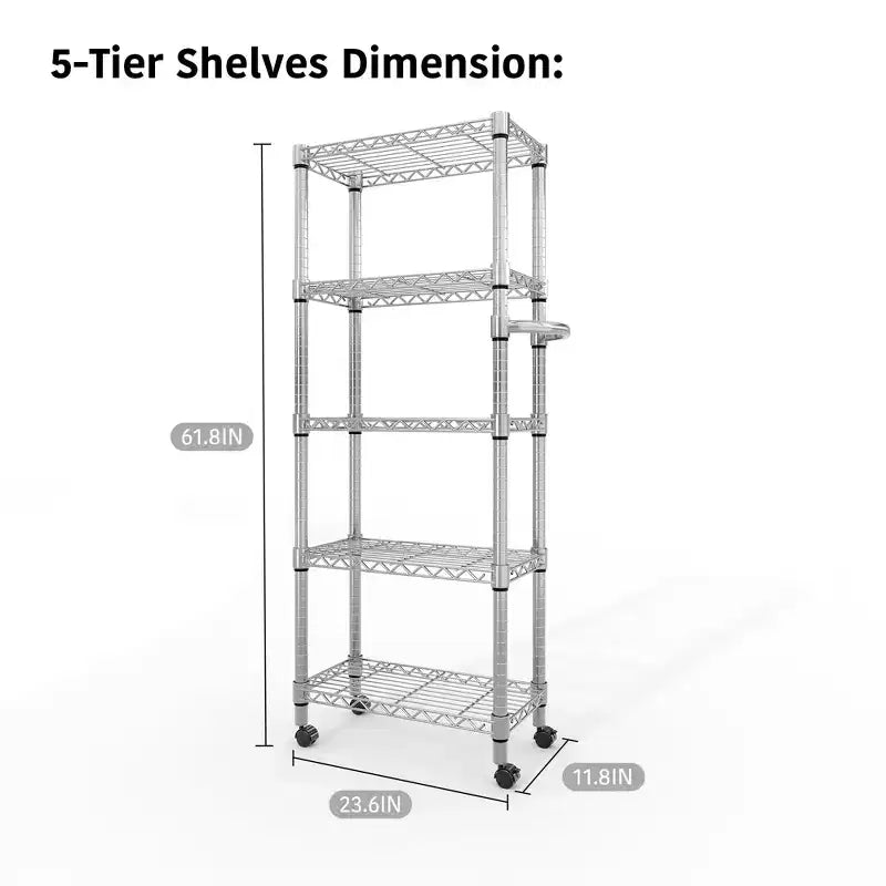 Scaffale metallico a 5 ripiani con ruote e maniglia, scaffale in filo metallico regolabile per cucina, garage o dispensa, capacità 500 kg, colore argento