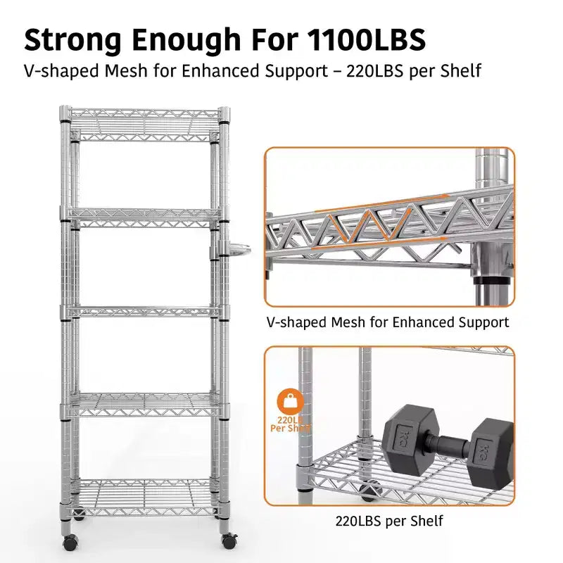 Scaffale metallico a 5 ripiani con ruote e maniglia, scaffale in filo metallico regolabile per cucina, garage o dispensa, capacità 500 kg, colore argento