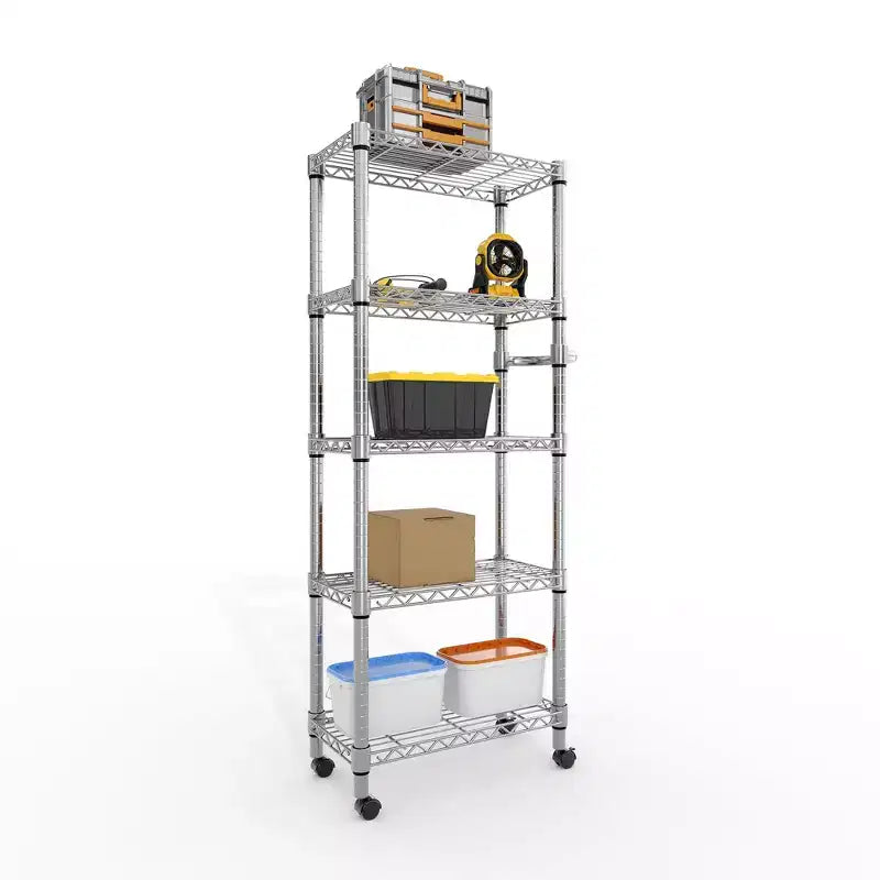 Scaffale metallico a 5 ripiani con ruote e maniglia, scaffale in filo metallico regolabile per cucina, garage o dispensa, capacità 500 kg, colore argento