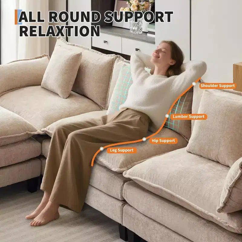 Divano, 112 Moduli a Forma di L Cloud Couch in Tessuto Ciniglia/Velluto a Coste Morbido con Seduta Profonda, Ottomana e Tasche Laterali per Soggiorno/Camera da Letto