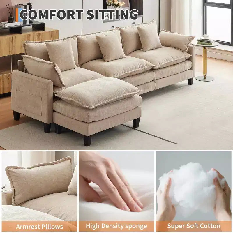 Divano, 112 Moduli a Forma di L Cloud Couch in Tessuto Ciniglia/Velluto a Coste Morbido con Seduta Profonda, Ottomana e Tasche Laterali per Soggiorno/Camera da Letto