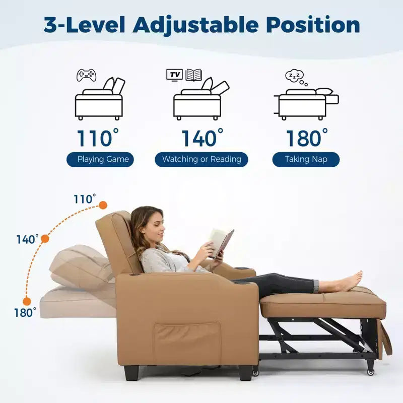 Divano Letto Convertibile 3-in-1 USB-Massaggiante, Reclinabile 110-180, Portabicchieri, Tasche Laterali, 172 kg, Pieghevole in 4 Fasi, Pronto per Dormitorio e Ospiti
