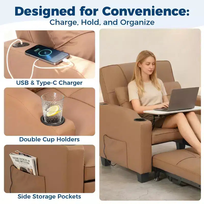 Divano Letto Convertibile 3-in-1 USB-Massaggiante, Reclinabile 110-180, Portabicchieri, Tasche Laterali, 172 kg, Pieghevole in 4 Fasi, Pronto per Dormitorio e Ospiti