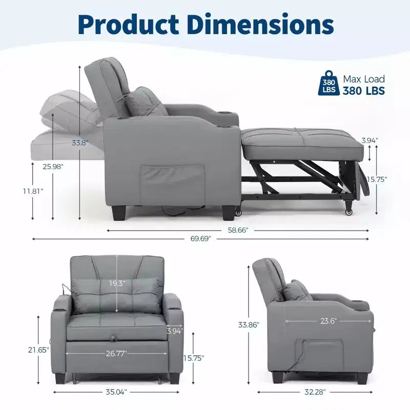 Divano Letto Convertibile 3-in-1 USB-Massaggiante, Reclinabile 110-180, Portabicchieri, Tasche Laterali, 172 kg, Pieghevole in 4 Fasi, Pronto per Dormitorio e Ospiti